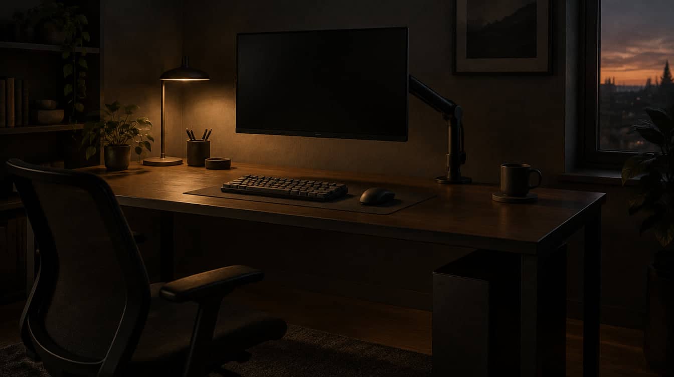 Minimalistyczne, ergonomiczne stanowisko o zmierzchu z ramieniem monitora i ciepłą lampką